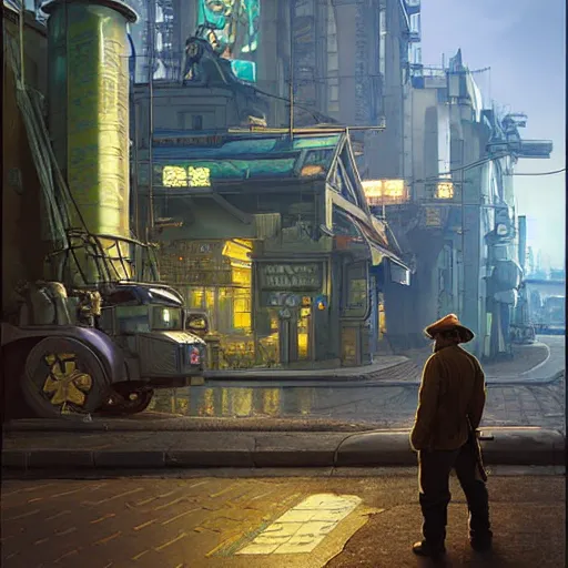 Image similar to A solarpunk very detailed farmer on the street of a very detailed solarpunk city art by Taras Shevchenko, neofuturistic highly detailed, digital art, smooth cyan gold light, sharp focus, Golden Ratio illustration, realistic concept art by Stephen Hickman and James Gurney and Hiromasa Ogura Ghost in the Shell
