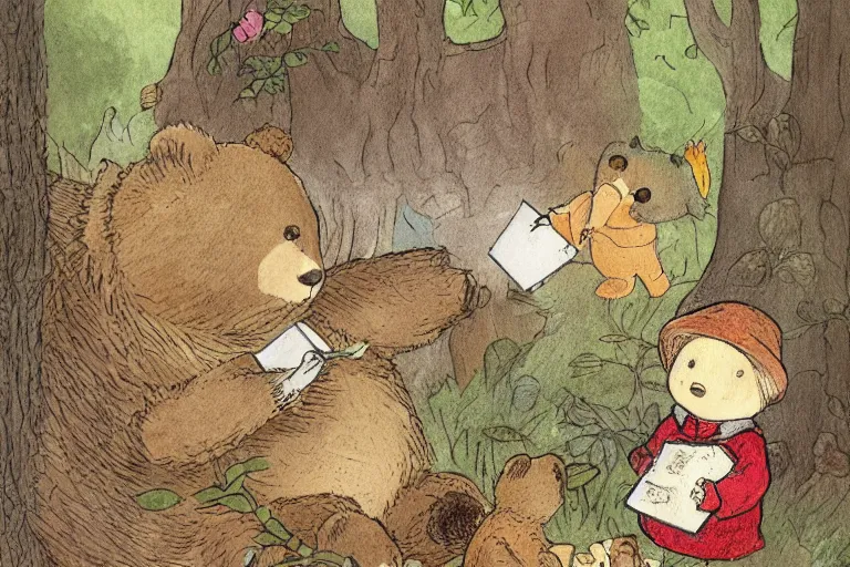 Image similar to a detailed children's book illustration by beatrix potter of a cute female bear child holding an envelope with a look of surprise surrounded by woodland animals. digital art, trending on artstation.