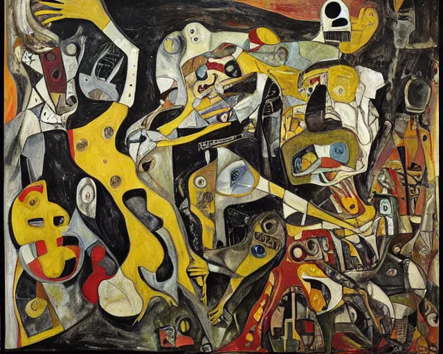 Image similar to a painting of guernica with aliens and robots by graham sutherland, egon schiele, gustav klimt, neo - expressionism