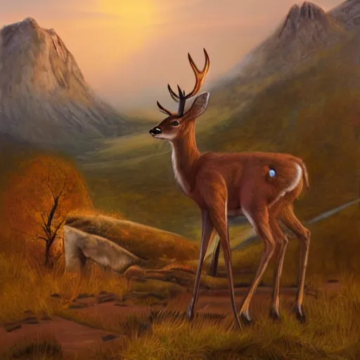 Prompt: a deer that is taller than a mountain looks down on a stone age settlement by much and james vess