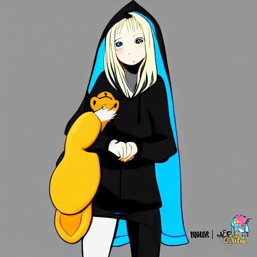 Prompt: a blonde girl in a black hoodie holding a blue-shark-stuffie, anime style digital art