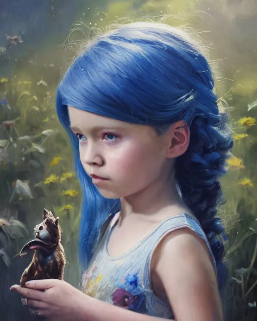 Image similar to a highly detailed oil painting of A little girl, in professional makeup, with medium length blue hair covering an eye, and a garden with dog, and large obsidian crystals, cinematic lighting, dramatic atmosphere, by Dustin Nguyen, Akihiko Yoshida, Greg Tocchini, Greg Rutkowski, Cliff Chiang, 4k resolution, trending on artstation