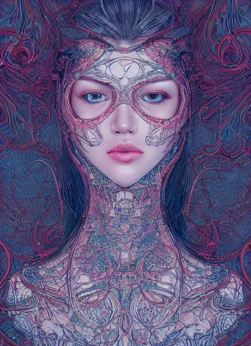 Image similar to the portrait of an unbelievably beautiful, elegant, sensual, and sophisticated young woman, an ultrafine detailed illustration by james jean, intricate linework, bright colors, final fantasy, behance contest winner, vanitas, angular, altermodern, unreal engine 5 highly rendered, ethereal, ominous, detailed and intricate environment