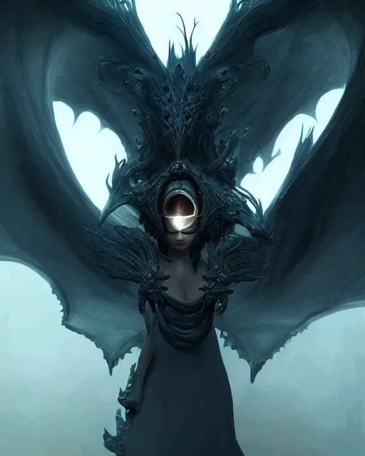 Image similar to fantasy portrait of a dark angel with a blindfold on his eyes!!, highly detailed, moist foggy, abstract dragons around in a intricate background, complex 3 d render by ilya kuvshinov, peter mohrbacher. unreal engine, blender, octane, ray tracing. sharp focus, masterpiece, post processing, deviantart