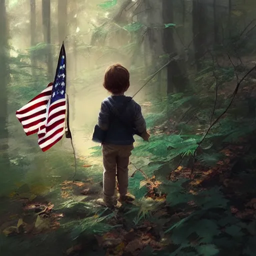 Prompt: child's hand holding a very tiny american flag in the forest, digital art by ruan jia and mandy jurgens and artgerm, highly detailed, trending on artstation, award winning