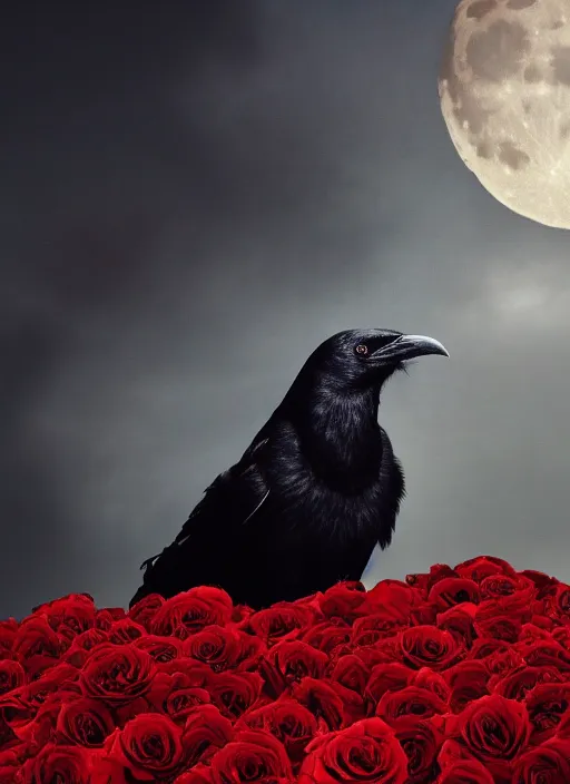 Image similar to red and golden color details, empty space at the top of the image, portrait, A crow with red eyes in front of the full big moon, book cover, red roses, red white black colors, establishing shot, extremly high detail, foto realistic, cinematic lighting, by Yoshitaka Amano, Ruan Jia, Kentaro Miura, Artgerm, post processed, concept art, artstation, raphael lacoste, alex ross, portrait, A crow with red eyes in front of the full big moon, book cover, red roses, red white black colors, establishing shot, extremly high detail, photo-realistic, cinematic lighting, by Yoshitaka Amano, Ruan Jia, Kentaro Miura, Artgerm, post processed, concept art, artstation, raphael lacoste, alex ross