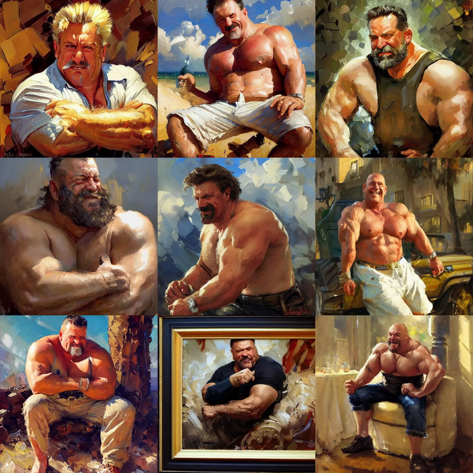 Prompt: a strongman who is brawny, dopey, well-meaning and kind, relaxing after a hard day, character portrait by Michael Garmash, Karol Bak, Greg Rutkowski, Gaston Bussiere