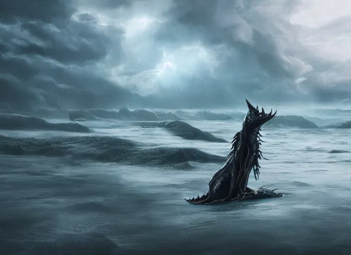 Image similar to a stunning cinematic extreme wide shot of an adorable confused slick sleek smooth humanoid sea monster wearing clothes made of seaweed on a dark stormy beach, well designed perfect with huge luminous sad eyes, sharp claws, cgsociety, hd octane render, fantasy, furry art, artstation, deviantart, furaffinity, very very clean, super clean, thunderclouds