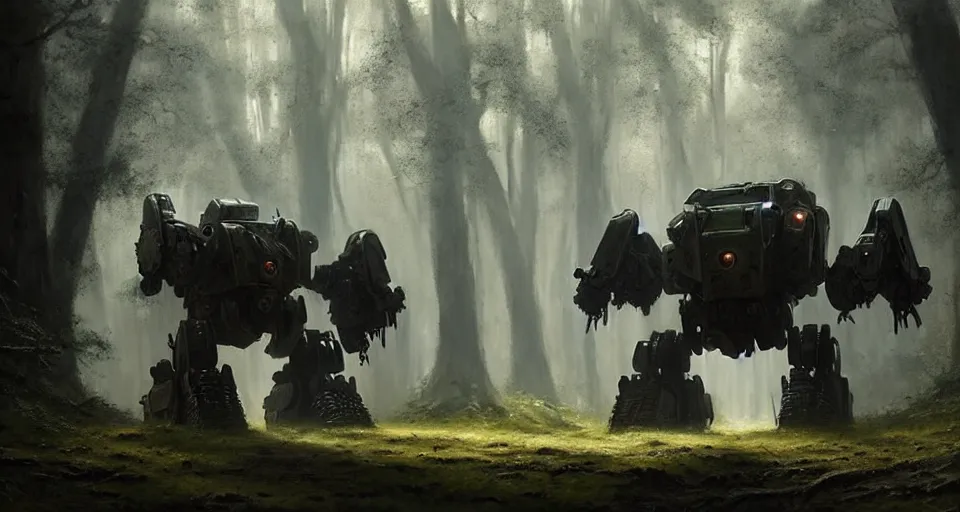 Image similar to giant medieval battlemech walking through a forest, hyper realistic sci - fi matte concept art painting, beautiful details, strong composition painted by kim jung guweta studio rutkowski, james gurney and greg rutkowski, and lucasfilm, smooth, intricate, detailed, sharp focus, cinematic