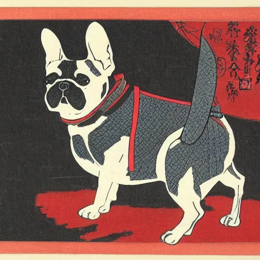 Prompt: Japanese woodblock print of a brindle French bulldog samurai