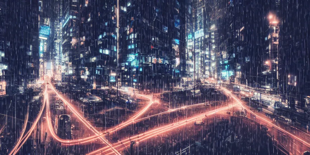 Image similar to a city street at night, raining, photograph, cars on the road, cyberpunk, sharp focus, intricate detail, drone shot, quick shutter speed