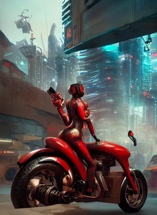 Image similar to a woman riding on the back of a red motorcycle, cyberpunk art by eddie mendoza, cgsociety contest winner, afrofuturism, rendered in unreal engine, unreal engine 5, unreal engine