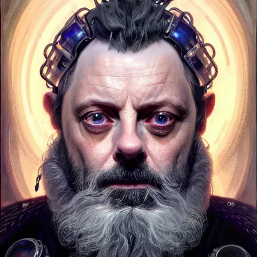 Image similar to portrait painting of a cyberpunk dwarf mage bald and bearded michael sheen, ultra realistic, concept art, intricate details, eerie, highly detailed, photorealistic, octane render, 8 k, unreal engine. art by artgerm and greg rutkowski and charlie bowater and magali villeneuve and alphonse mucha