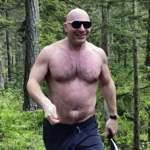 Prompt: 4 0 - year - old, bald, french man from louisiana, fit build, hiking in washington, wearing sunglasses