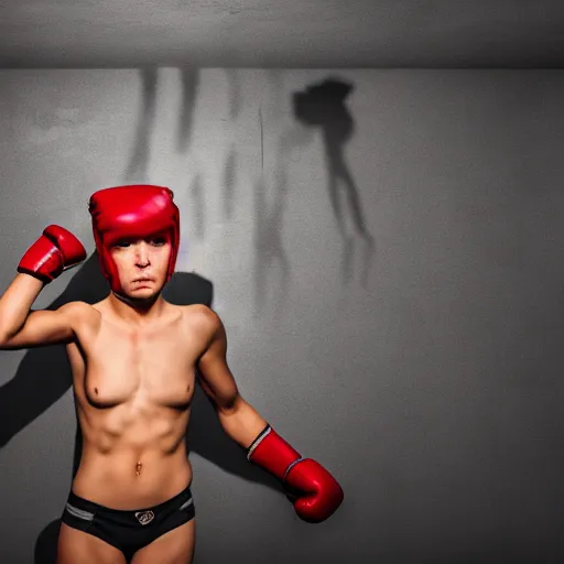 Image similar to boxer girl fighting her shadow in a creepy room, dark ominous