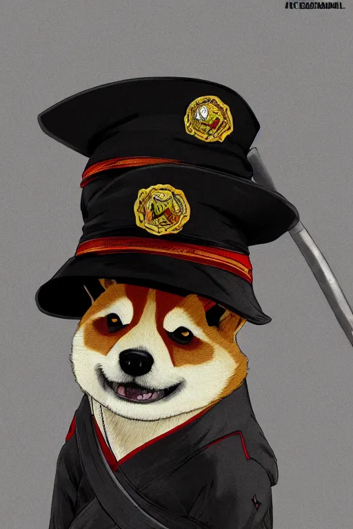 Image similar to shiba inu holding a baseball bat, wearing a police uniform, wearing a japanese traditional hat, character design, highly detailed digital art, atmosphere, cinematic lightning, hyperrealistic, focused, extreme details, 4 k, ultra detailed, trending on artstation, masterpiece