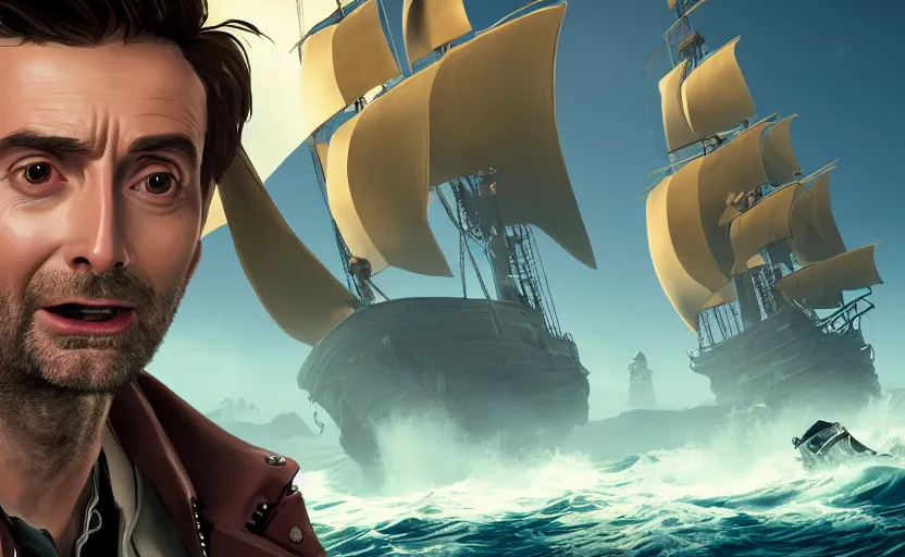 Prompt: david Tennant in the Sea of thieves, long shot, on the ship, ultra detailed, sharp focus, art by artgerm, 8k, game screenshot, wallpaper, hyperrealistic