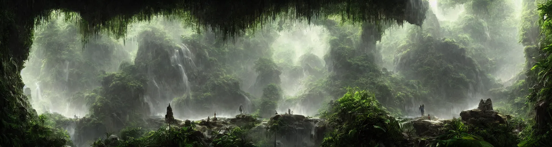 Image similar to a matte painting of a giant crystal skull imbedded in an underground cave , overgrown jungle , waterfalls , gorgeous composition , trending on artstation , in the style of greg rutkowski