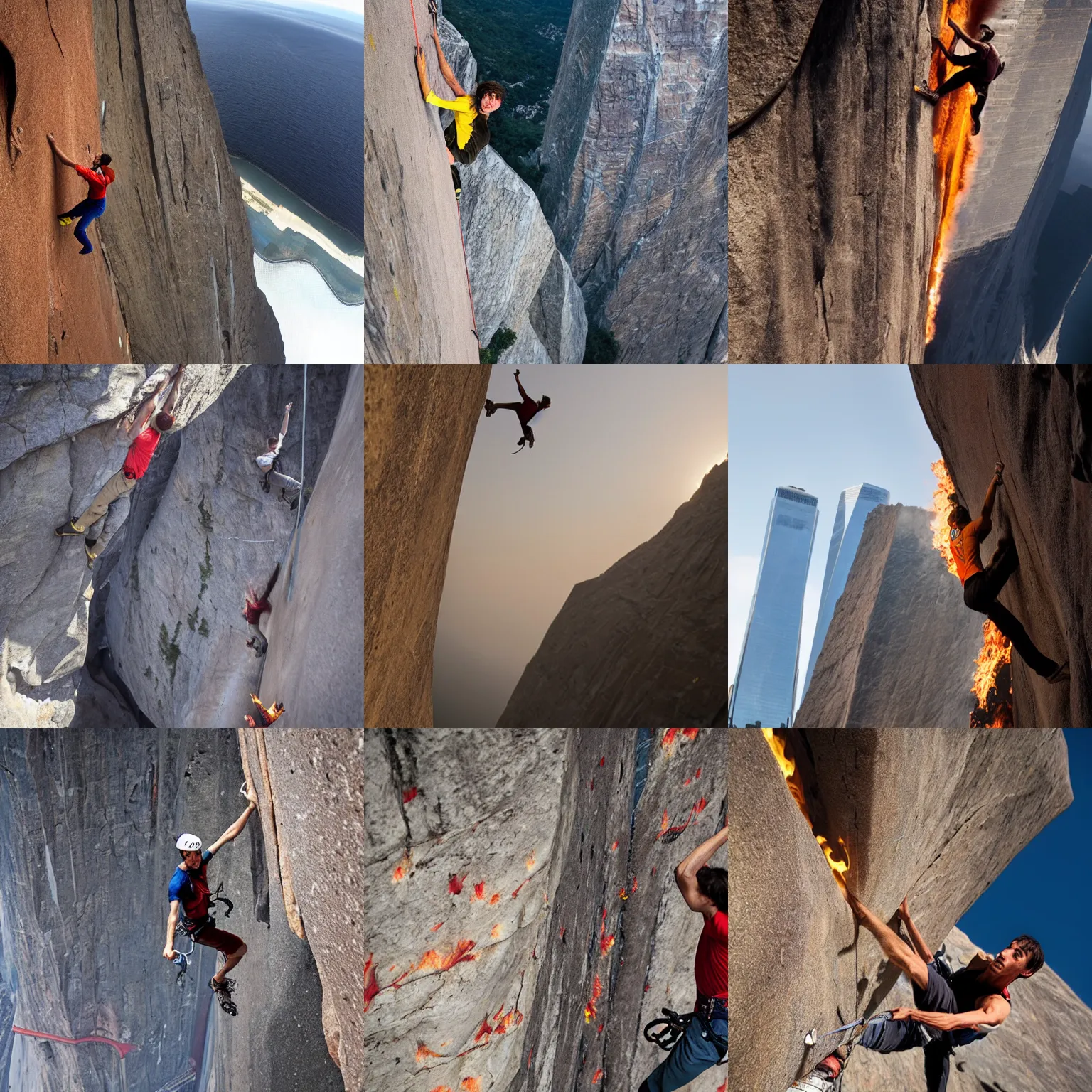 Prompt: alex honnold free solos flaming world trade center