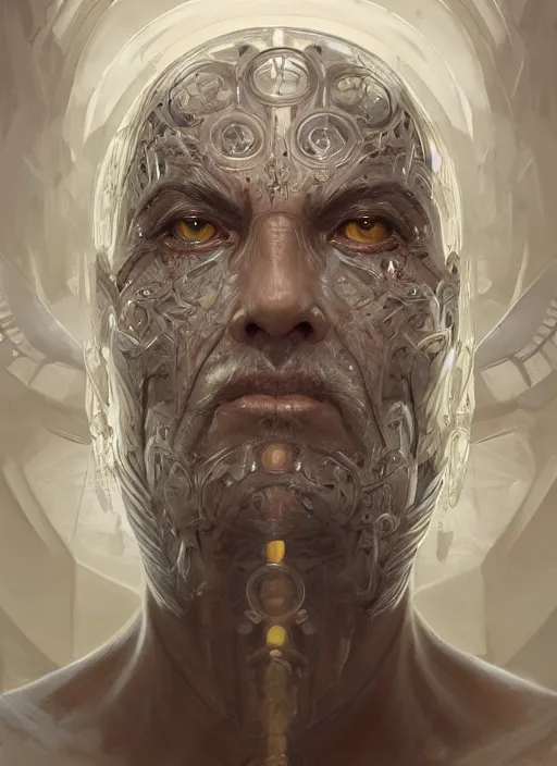 Image similar to champion splashart of symmetry!! old man, machine parts embedded into face, intricate, elegant, highly detailed, digital painting, artstation, concept art, smooth, sharp focus, illustration, art by artgerm and greg rutkowski and alphonse mucha, 8 k