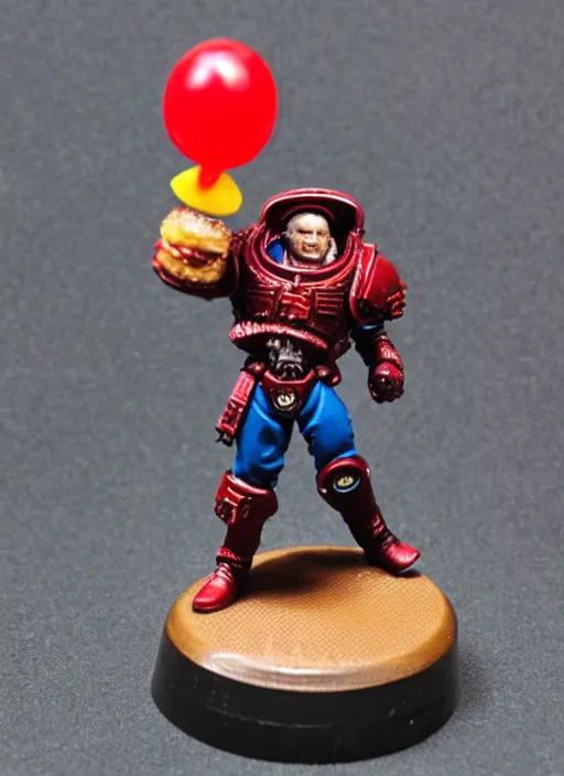 Prompt: 8 0 mm resin detailed miniature of a warhammer 4 0 k space marine holding a red balloon in one hand and a hamburger in the other, product introduction photos, 4 k, full body,