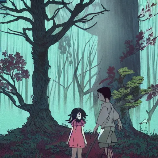 Prompt: Mononoke style scene of two people in the forest looking for the secret to life cinematic beautiful love majestic