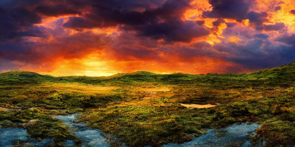 Prompt: celestial alien world landscape with a sunset on a rainy day, high detail, high definition, photorealistic, 8k