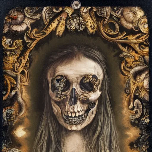 Image similar to a beautiful detailed front view baroque portrait of a rotten woman corpse becoming almost a skull with fractal plants and fractal flowers and mushrooms growing around, intricate, ornate, volumetric light, beautiful lit, polaroid photography