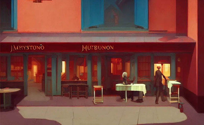 Prompt: Mysteriuos Tavern, very coherent, painted by Edward Hopper, Wayne Barlowe, painted by James Gilleard, airbrush, art by JamesJean