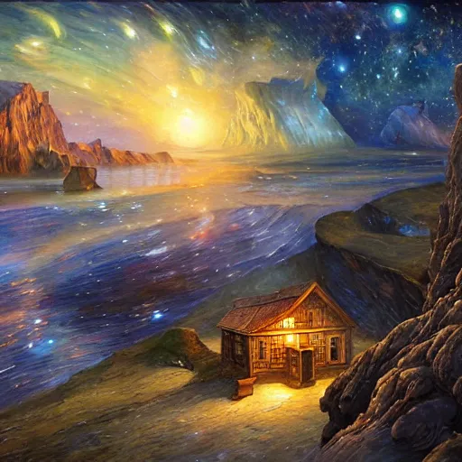 Image similar to cottage in the stars, cliffs of galaxies cryengine render by android jones, james christensen, rob gonsalves, leonid afremov and tim white