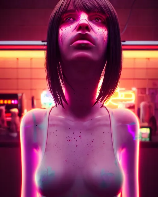 Image similar to portrait of a neon raver girl in a butchery, confused expression, cgsociety, detailed, unreal engine, textured, cinematic, character design