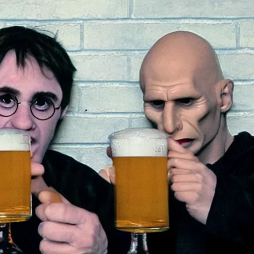 Prompt: harry potter and voldemort having a beer photograph