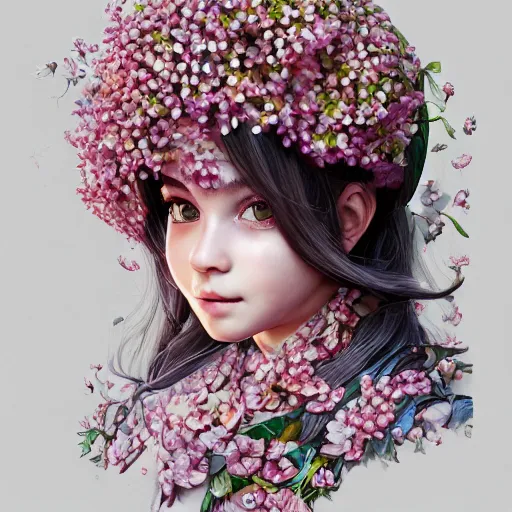 Image similar to the portrait of an absurdly cute, graceful, elegant, young arab baby girl made of cherry flowers and petals, an ultrafine hyperdetailed illustration by kim jung gi, irakli nadar, intricate linework, bright colors, octopath traveler, unreal engine 5 highly rendered, global illumination, radiant light, detailed and intricate environment