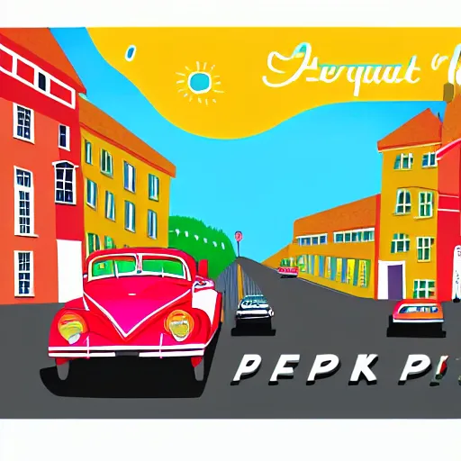 Image similar to book illustration of an old street with old cars, happy people, book illustration, colorful, white background, colorful image