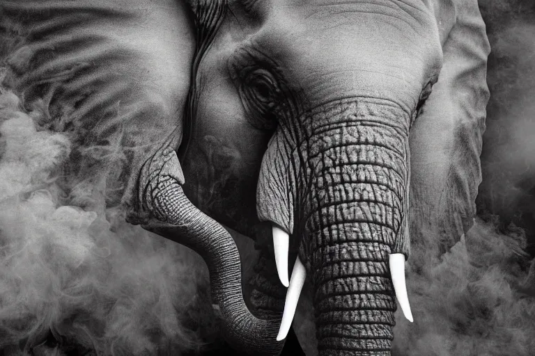 Image similar to ultra realistic photography, picture of ( subject : an elephant blowing smoke ). the scene is set in a gentlemens cigar lounge, a very smokey atmosphere, small thick clouds of cigar smoke, artstation, focus on the elephant, anatomically correct elephant features, extremely detailed and crisply sharp photo, hyperrealistic smoke, figma, sigma, 4 k