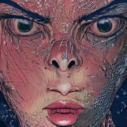 Prompt: closeup of face melting, by yoichi hatakenaka, masamune shirow, josan gonzales and dan mumford, ayami kojima, takato yamamoto, barclay shaw