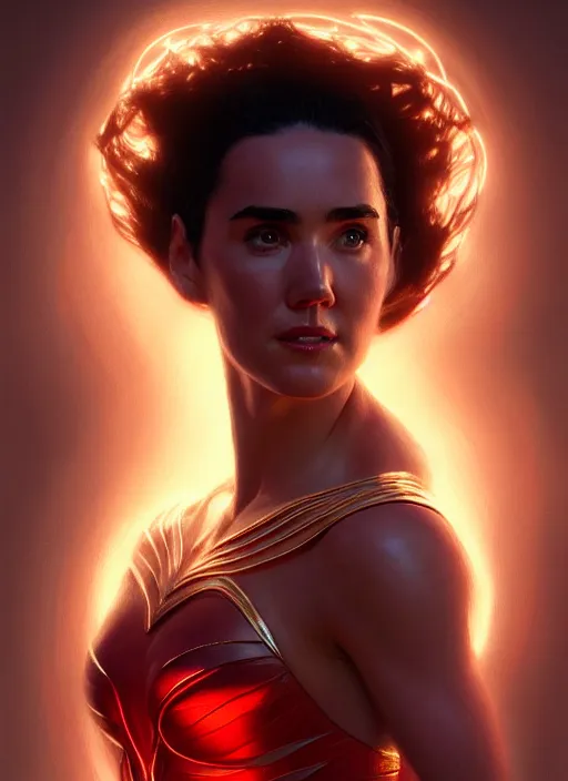 Prompt: portrait of darna young jennifer connelly, intricate, elegant, glowing lights, highly detailed, digital painting, artstation, glamor pose, concept art, smooth, sharp focus, illustration, art by wlop, mars ravelo and greg rutkowski