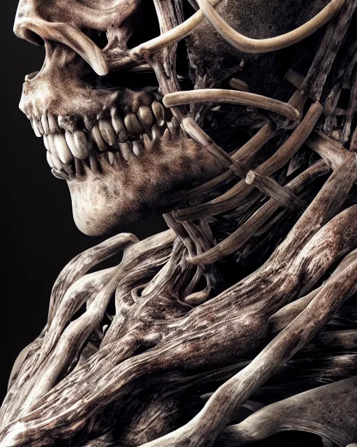 Image similar to a photo realistic drum kit made of skin, bone, sinew and muscle tissue, 8 k octane render highly detailed in the style of h. r. giger.