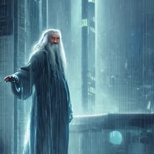 Image similar to cyberpunk gandalf, lord of the rings, photorealistic, 4 k, rain, blade runner, ultra realistic. isometric