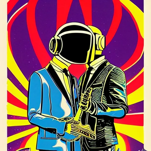 Prompt: a detailed, intricate, psychedelic 1960s poster for a concert in San Francisco featuring Daft Punk, By Wes Wilson