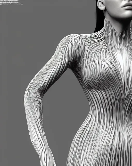 Prompt: a highly detailed metahuman 8 k close up render of bella hadid in iris van herpen dress trending on artstation made in unreal engine 4