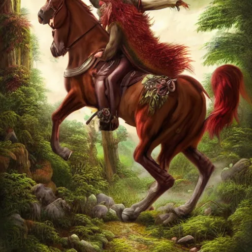 Prompt: a half - man, half - horse with a big red beard in a forest fantasy art, highly detailed