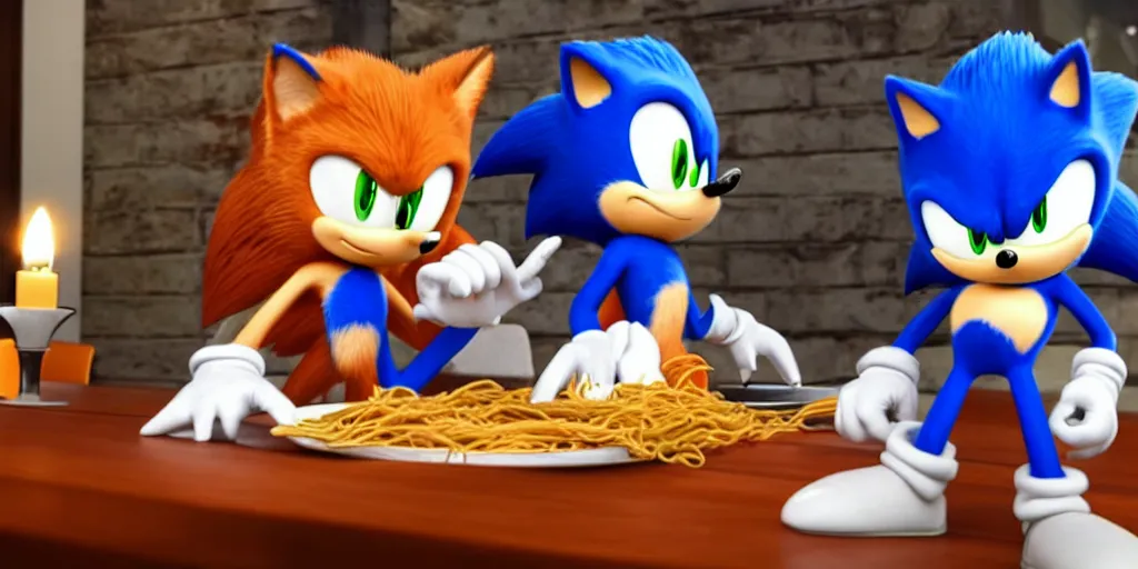 Prompt: A render of Sonic the Hedgehog sitting across from Tails the Fox in a dark restaurant, Sonic looks like he is shocked, Tails is looking away in disgust, they both have spaghetti in front of them on a plate, movie, HDR, moody lighting, unique camera angle from the end of the table and between the two of them, orange candle lighting is glowing on their faces, romantic scene