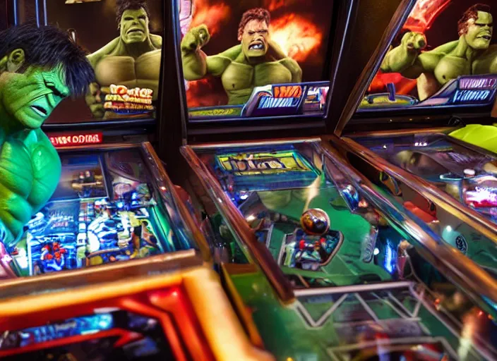 Prompt: film still of hulk playing pinball in the new avengers movie, 4 k