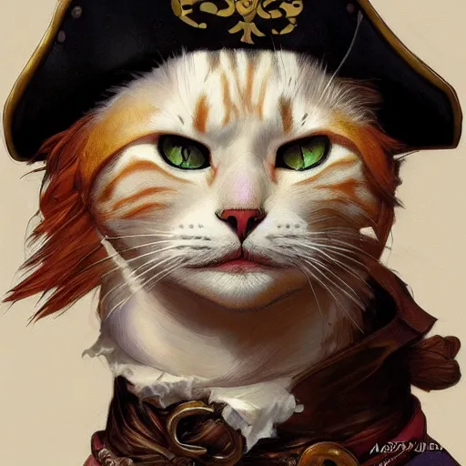 Image similar to Portrait of a Cat as a Pirate, photo, photorealistic, highly detailed, digital painting, artstation, concept art, smooth, sharp focus, illustration, art by artgerm and greg rutkowski and alphonse mucha