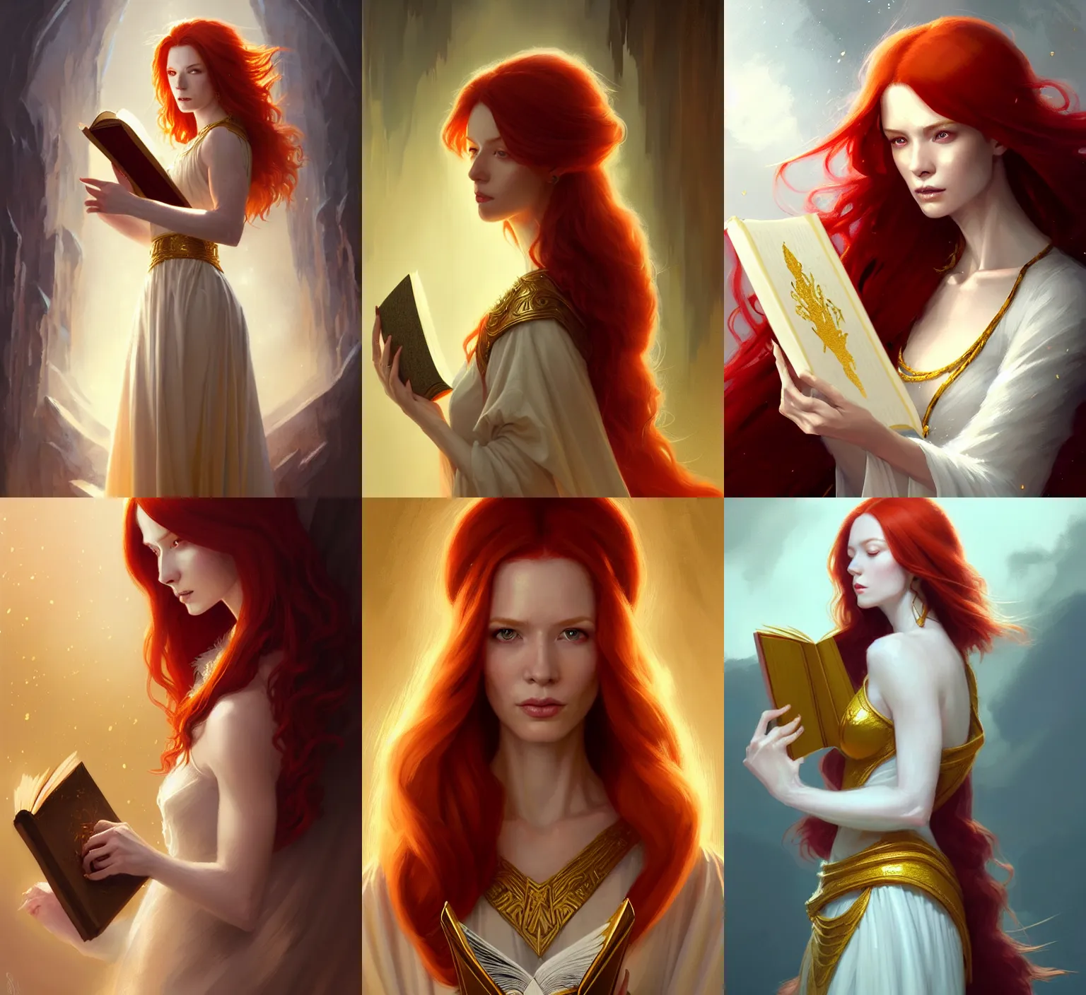 Prompt: Portrait of red haired woman, D&D fantasy, wearing white and golden robes which look distinguished, she has a sophisticated expression and is holding a book. Intricate, highly detailed, digital painting, artstation, concept art, sharp focus, illustration, art by greg rutkowski and Ross Tran