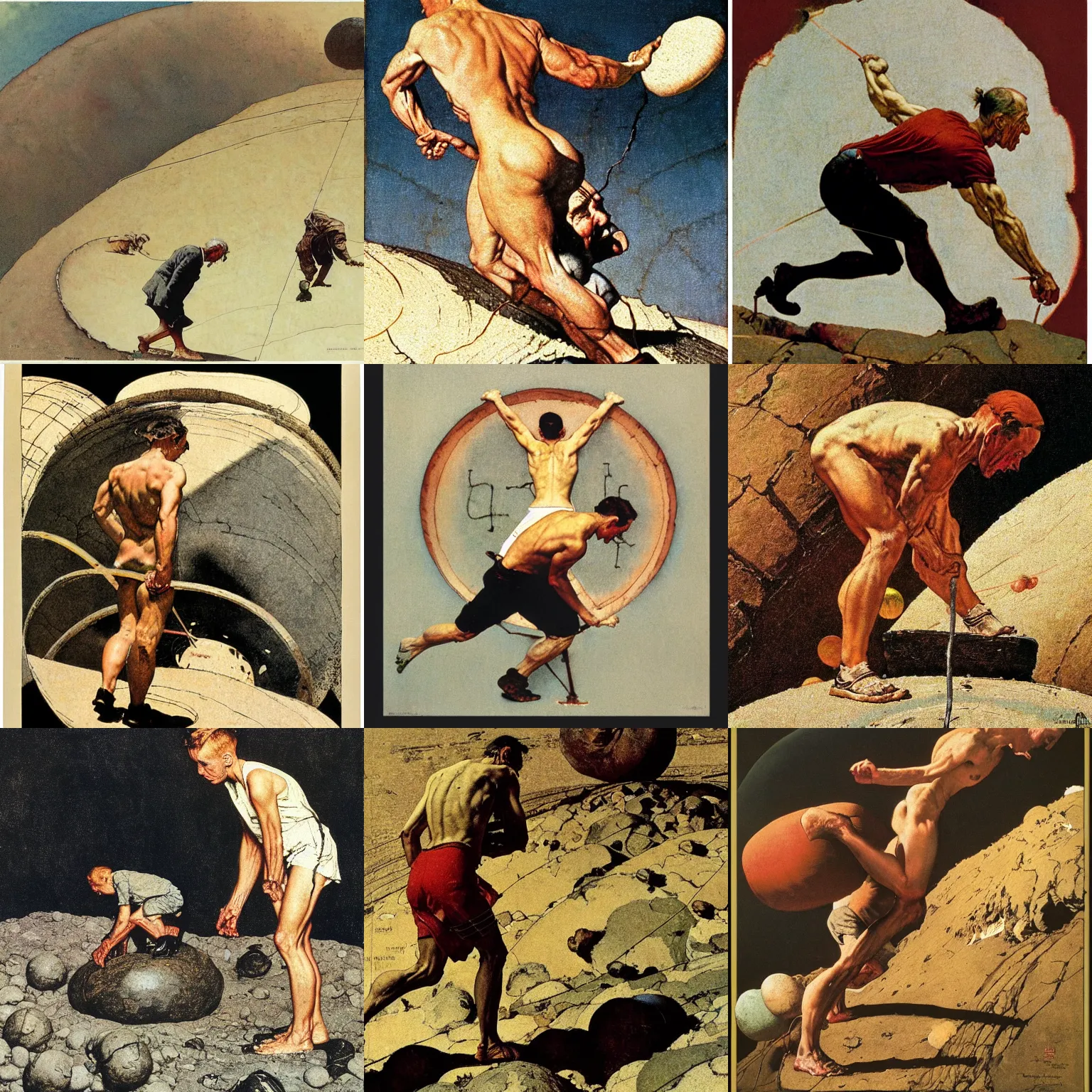 Prompt: norman rockwell illustration of sisyphus