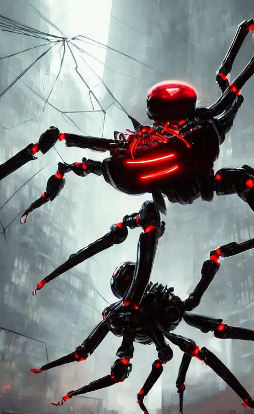 Image similar to a robot humanoid spider in a city, with 4 arms with claws, glowing red eyes, in a black carbon and red fiber armor, smiling creepily, dynamic lighting, photorealistic fantasy concept art, trending on art station, stunning visuals, creative, cinematic, ultra detailed