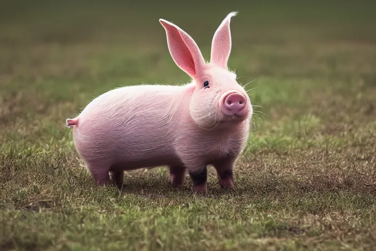 Image similar to a pig bunny!!! hybrid! hyper realistic!! realistic lighting!! wildlife photographer of the year!!! bold natural colors, national geographic, hd, wide angle, 8 k