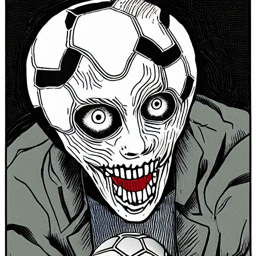 Prompt: a man scoring a goal, soccer, horror, in the style of Junji Ito